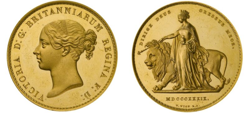 1839 victoria "una and the lion" gold £5 coin